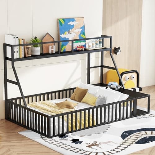 Full Size Kids' Safety Fence Floor Bed with Desk & Storage, Off White