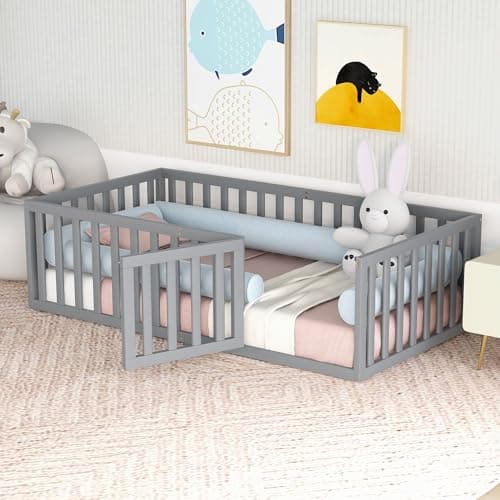 White Full-Size Montessori Floor Bed with Fence and Door
