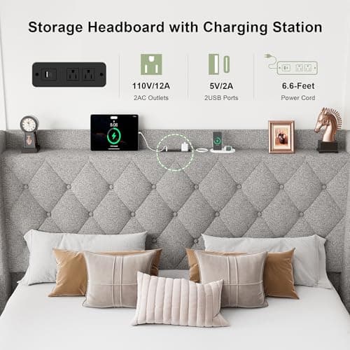 Feonase Queen Size Button Tufted Storage Bed with Charging Station, Light Gray