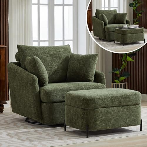 Oversized Green Chenille Swivel Chair with Ottoman