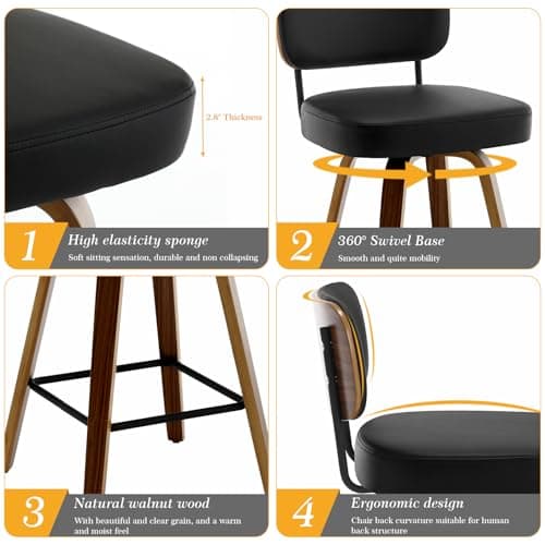 Set of 4 Swivel 26 Upholstered Faux Leather Bar Stools with Back and Wood Legs - Mid Century Modern Kitchen Counter Chairs in Black