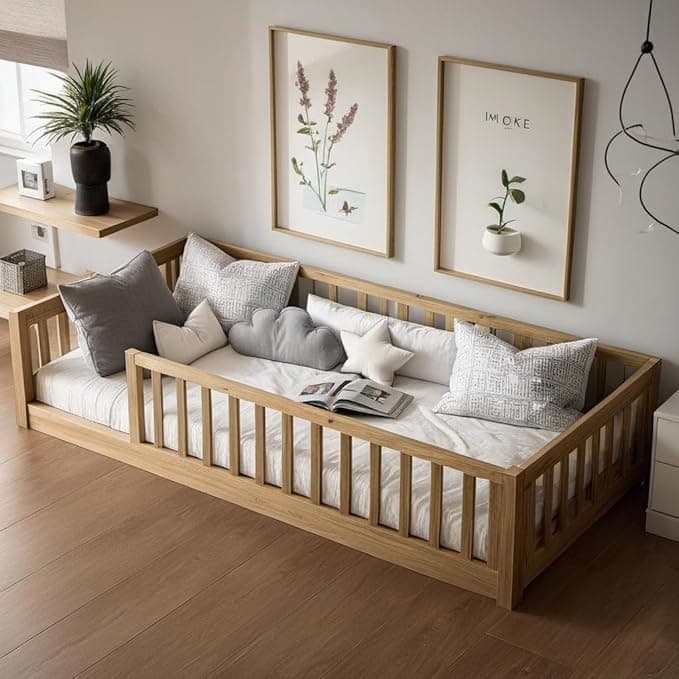 Montessori Twin Size Toddler Floor Bed with Wood Slats for Boys and Girls