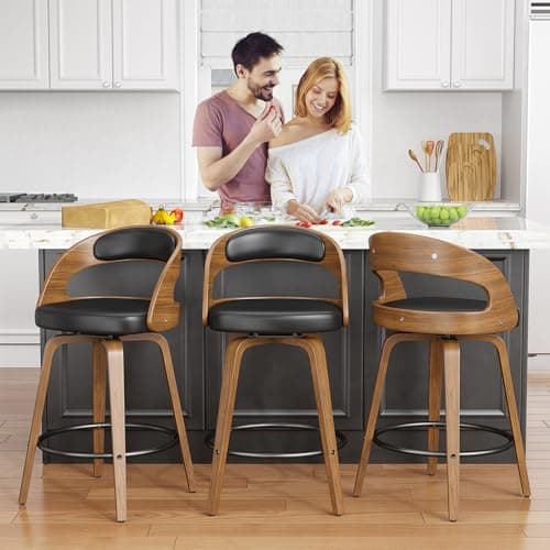 Mid-Century Modern Black Bentwood Bar Stool Set, 26" Counter Height, Kitchen and Bar