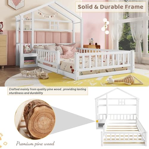 Montessori Wood Twin House Bed with Fence Guardrails & Stand, White