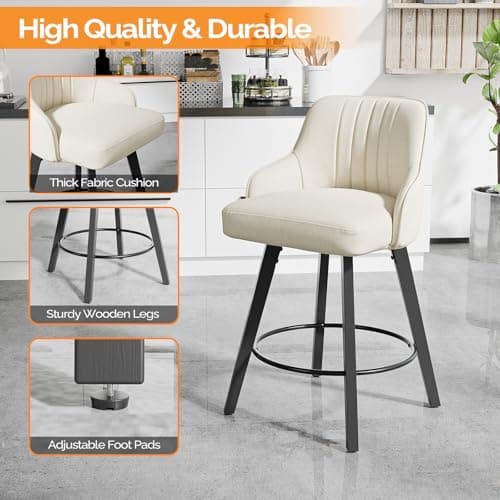 VINGLI 26" Swivel Barstool Set, Beige Linen Fabric, Kitchen Counter Height