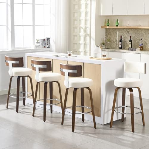 Mid Century Walnut Bar Stools Set of 4, Faux Leather Seat, 26" Height, White