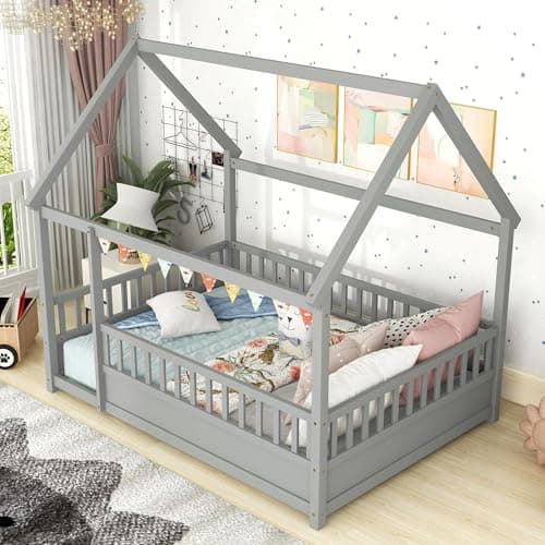 Full Size Wood Montessori Floor Bed with High Fence & Roof