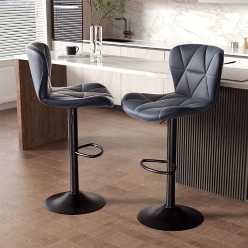 Dark Grey Adjustable Faux Leather Bar Stools, Counter Height Swivel Chairs with Back for Kitchen Island