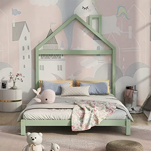 i-POOK Montessori Full Size Wood Platform Bed, Green, No Box Spring Needed