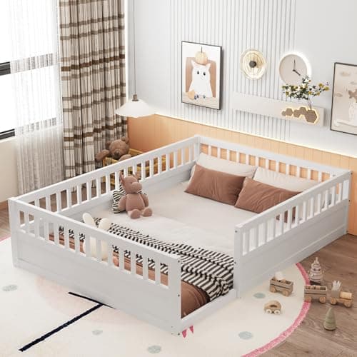 Sturdy Full Size Toddler Floor Bed with Safety Fence (White)