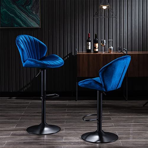 Blue Velvet Swivel Bar Stools Set of 2 with Adjustable Height and Metal Base