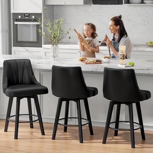 Counter Height Swivel Bar Stool Set, Black, 24" PU Leather, Kitchen Dining Room