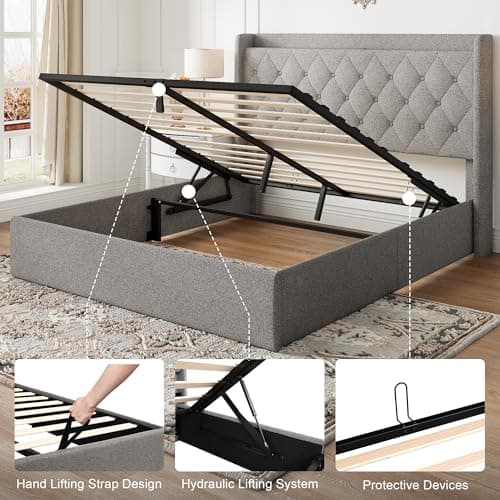 Feonase Queen Size Button Tufted Storage Bed with Charging Station, Light Gray
