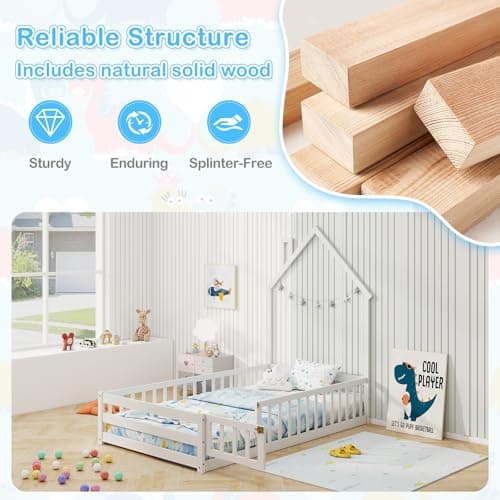 Giantex House-Shaped Montessori Twin Floor Bed with Headboard & Guardrail (White)