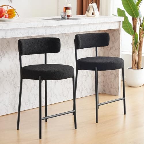 Furnilivng 24'' Modern Boucle Bar Stools, Curved Back, Black Metal Frame, Kitchen Island, Bar, Dining Room