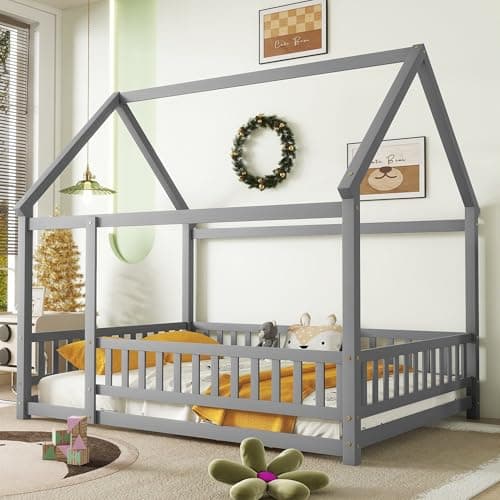 Twin Bed Frames for Kids, Montessori Wood Fence Railings, Natural Tone