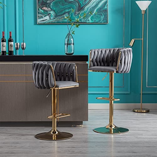 Modern Velvet Swivel Bar Stools Set of 2 with Curved Back and Chrome Footrest, Grey