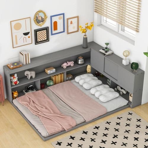 i-POOK L-Shaped Bookcase Corner Bed without Slats, Full Size Bed Frame for Children and Teens, White