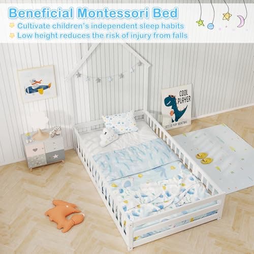 Giantex House-Shaped Montessori Twin Floor Bed with Headboard & Guardrail (White)