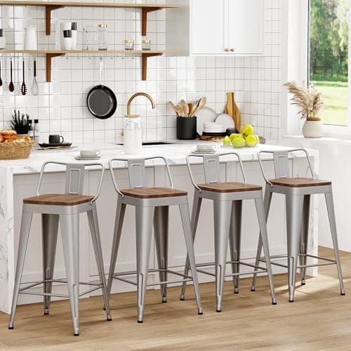 WENTMENT Black Wood Seat Counter Height Bar Stool Set of 4