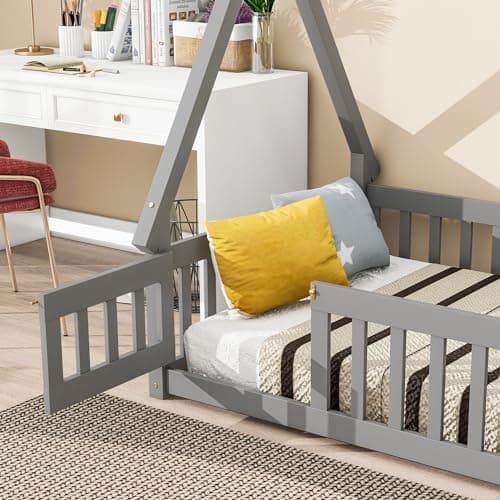Twin Size Tent-Shaped Montessori Floor Bed with Slats, Guardrails, and Door in Grey