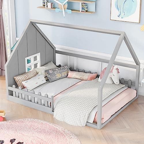 Wooden Montessori Floor Bed for Kids, No Box Spring Needed - Gray