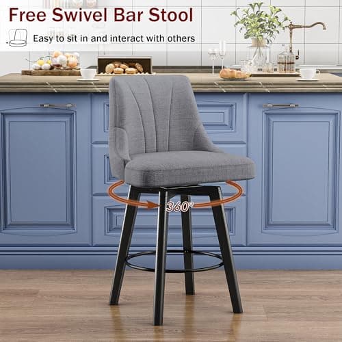 Dark Gray Counter Height Swivel Bar Stool Set (24" Fabric, Back, Wood Legs)