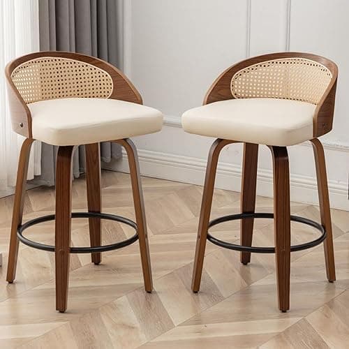 Mid-Century Modern Beige Rattan Swivel Bar Stool Set, 26" Walnut Finish