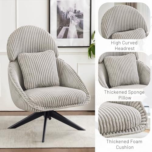 Furniliving Grey Corduroy Swivel Living Room Chair with Arms