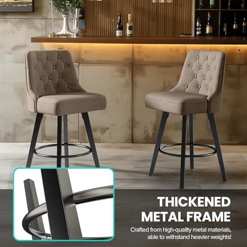 Retro Upholstered Swivel Bar Stools, 26" H, Tan Linen, 360 Rotation, Kitchen Island Chairs