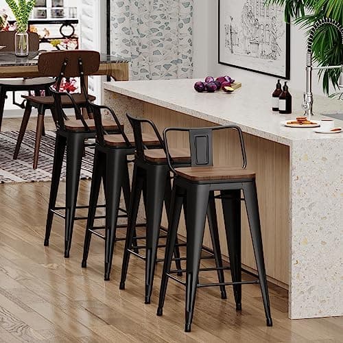 Yongchuang Matte Black Bar Stool Set of 4, 26 Inch Kitchen Counter Height