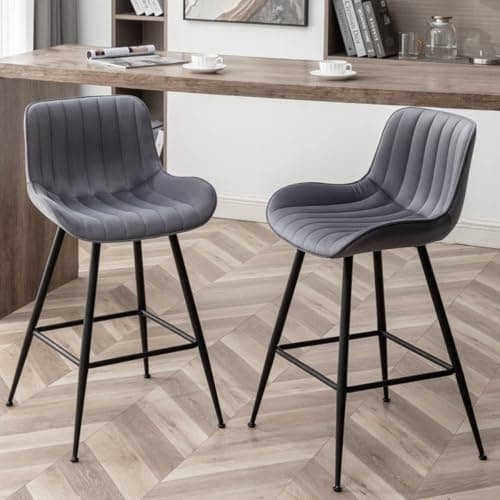 Modern Velvet Bar Stools, Grey with Black Legs, Set of 2 for Kitchen Island.