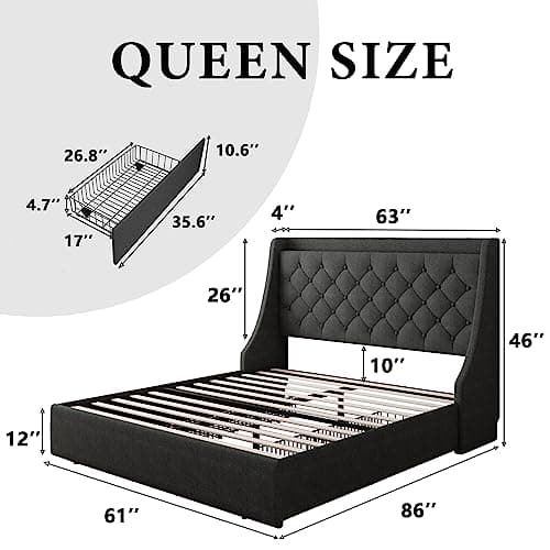 iPormis Dark Gray Queen Bed Frame with Storage Drawers & USB Ports