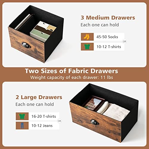 Rustic 5-Drawer Dresser with Fabric Bins and Steel Frame for Bedroom or Living Room - Brown