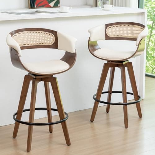 Mid Century Modern Walnut Beige Rattan Swivel Bar Stools with Cane Back