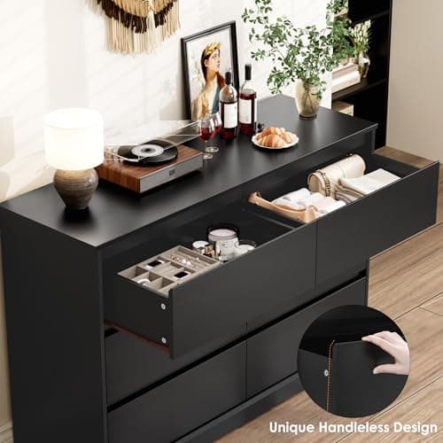Fotosok Black Modern 6-Drawer Double Dresser, Wide Storage Cabinet