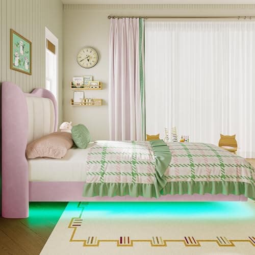Twin Bed Frame with Headboard and LED Light, Velvet Upholstered - Pink