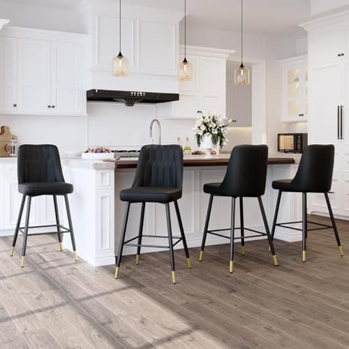 Modern Black Counter Height Bar Stool Set of 4, Faux Leather with Stable Legs