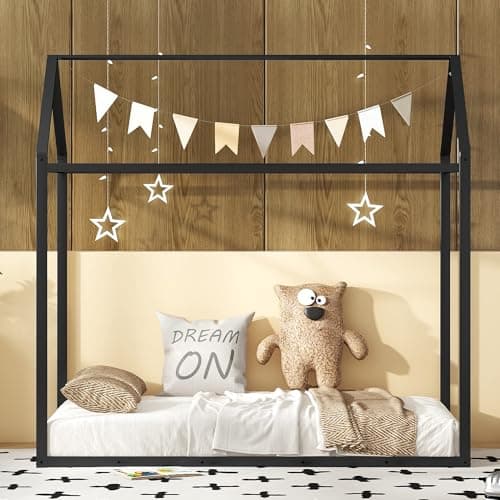 Bellemave Metal Twin Floor Bed for Kids, Black with Roof