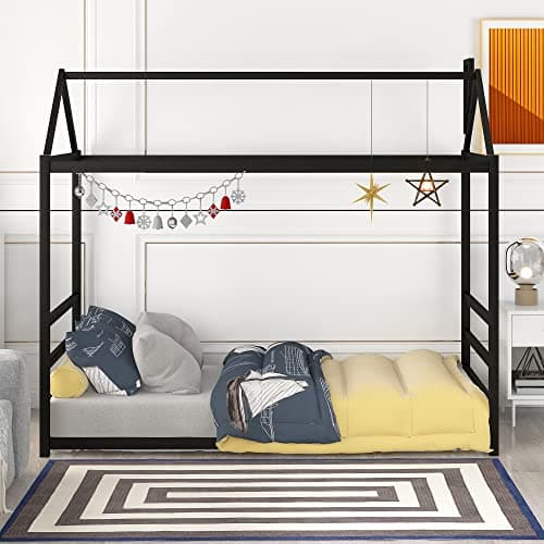 LUSPAZ White Wood House-Shaped Bed with Headboard, Sturdy Montessori Bed Frame for Toddlers & Babies