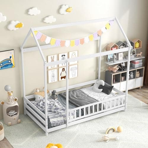 KOMFOTT White Wooden Twin Bed with Safety Guardrail & Roof for Kids