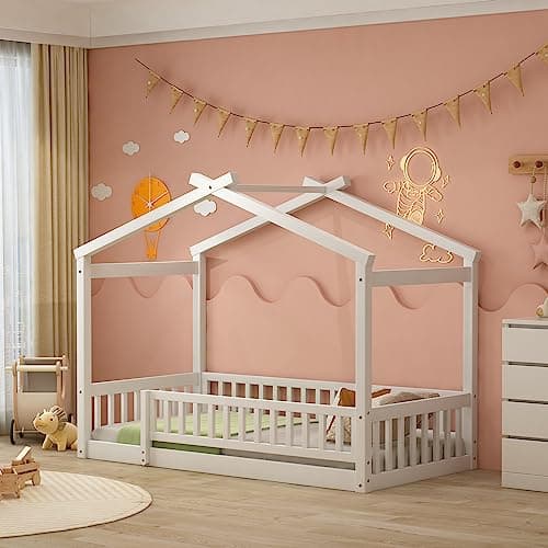 White Wooden Montessori Style Floor Bed with Fence for Kids