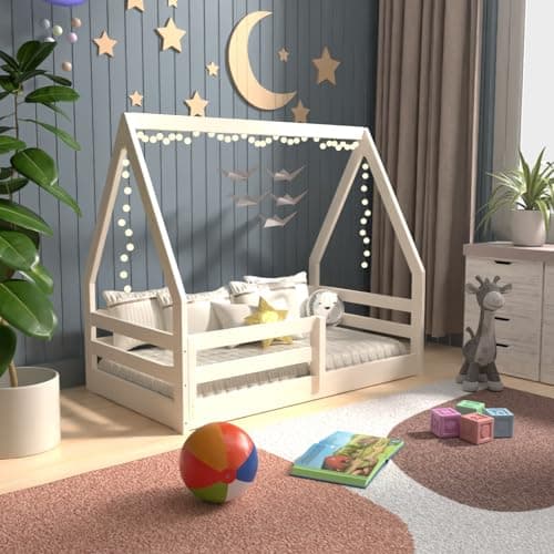 Toddler Size Montessori House Bed, Solid Pine Wood, White