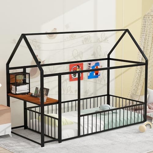 Bellemave Twin Size Metal Floor Bed for Kids, Black