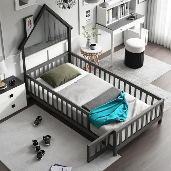 Twin Size Montessori Floor Bed with Door & Roof, Easy Assembly & Guardrails, Natural Finish