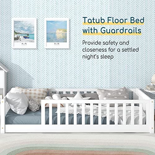 Tatub Twin Floor Bed for Kids with Safety Guardrails, Wood Frame, Twin-White