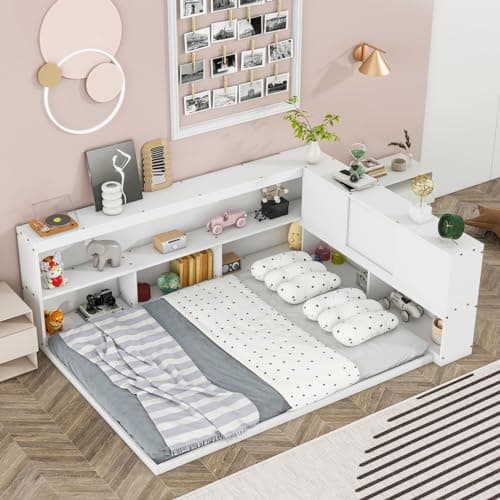 Full Size Daybed with L-Shaped Bookcases and Sliding Doors