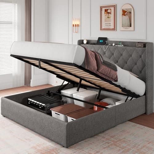 iPormis Queen Storage Bed with Charging Station, Light Grey