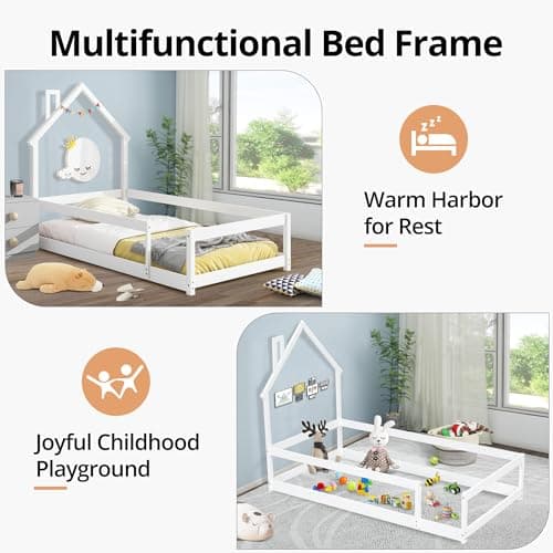 Modern Twin Size Montessori Floor Bed for Children, Boys, Girls - White