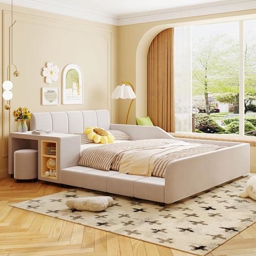 Beige Velvet Upholstered Queen Bed with Desk & Stool, No Box Spring Required